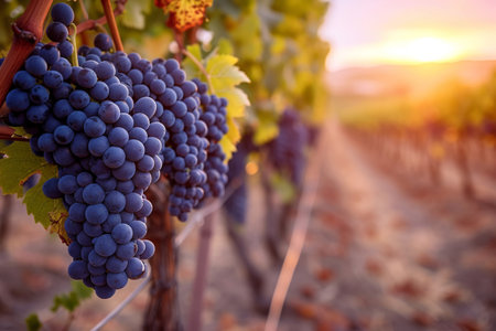 a bunch of grapes hanging from a vine in a vineyard. generative ai.の素材