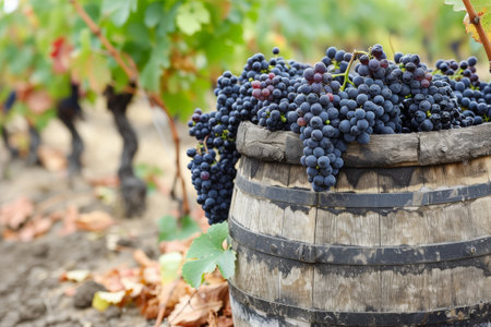 a bunch of grapes hanging from a vine in a vineyard. generative ai.の素材