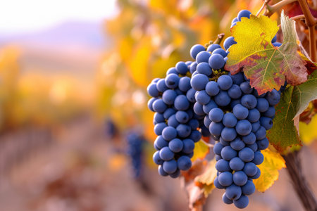 a bunch of grapes hanging from a vine in a vineyard. generative ai.の素材
