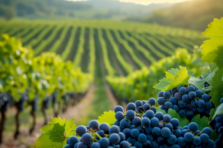 a bunch of grapes hanging from a vine in a vineyard. generative ai.の素材
