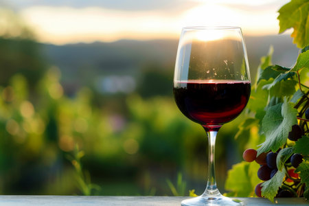 red Wine glasses, vineyard landscape and grapes in nature. Generative ai.の素材