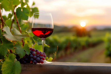 Wineglass and grapes on vineyard at sunset in Tuscany, Italyの素材
