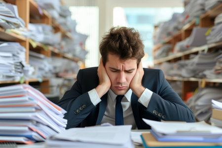 businessman employee unhappy with excessive work with a pile of documents. AI Generative.の素材