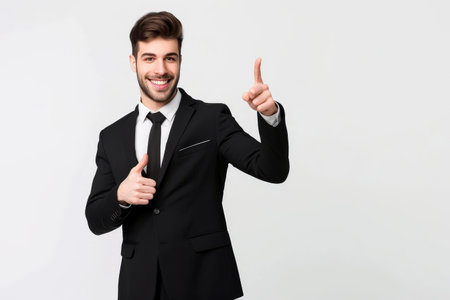 Portrait of a happy young business man showing thumbs up over white backgroundの素材