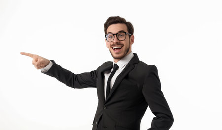 business man pointing at copy space, created with generative ai.の素材