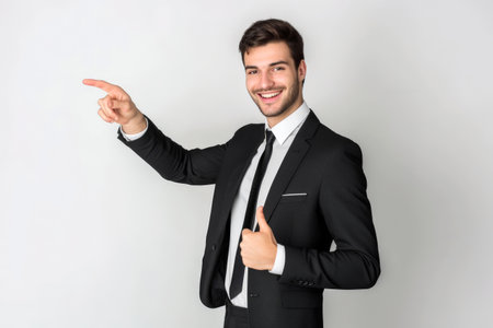 Handsome young man in suit pointing finger at copy space on white backgroundの素材