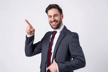 business man pointing at copy space, created with generative ai.の素材