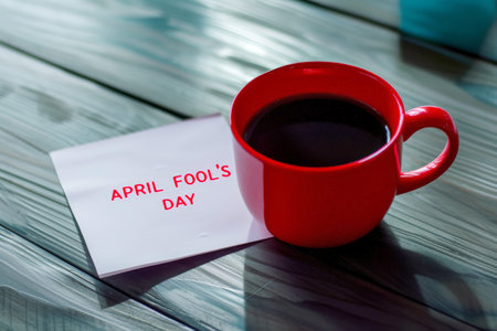 April fool's day with coffee red mug background .Ai generative.の素材