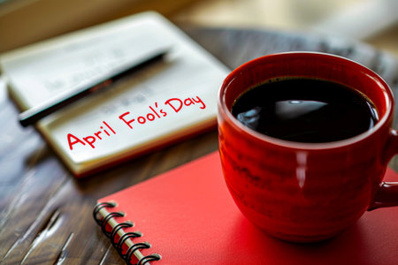 April fool's day with coffee red mug background .Ai generative.の素材