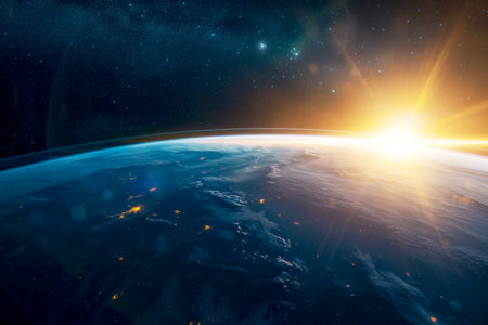 sun shining behind the earth from space. Generative AI.の素材
