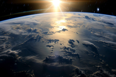 sun shining behind the earth from space. Generative AI.の素材