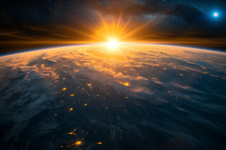 sun shining behind the earth from space. Generative AI.の素材
