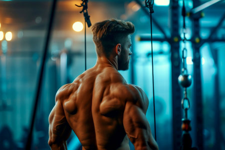 A muscular gym man posing for the camera. shirtless . ai generative,.の素材