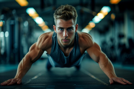A muscular gym man posing for the camera. shirtless . ai generative,.の素材