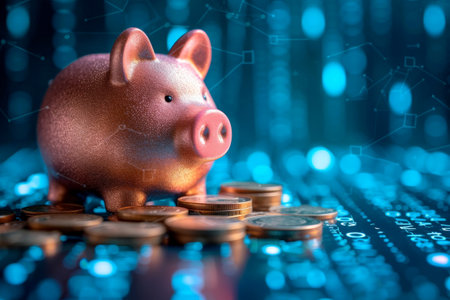 piggy bank money coins saving in futuristic background , financial investment and budget concept, . generative ai.の素材