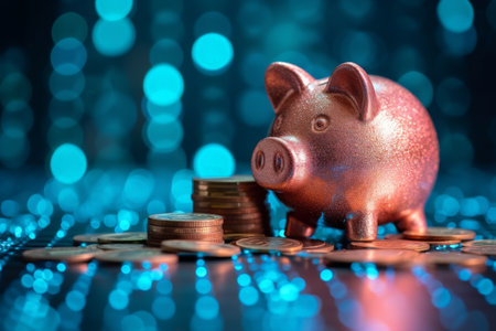 piggy bank money coins saving in futuristic background , financial investment and budget concept, . generative ai.の素材
