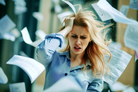woman with migraine or headache holding her head due to pain, work hard, generative Ai.の素材