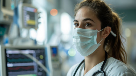 Photo of a female doctor performing surgery in an operating room. Generative AI.の素材