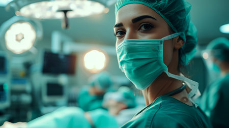 Photo of a female doctor performing surgery in an operating room. Generative AI.の素材