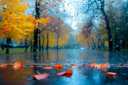 raindrops on the windows glass in focus with blurred autumn background. autumn leaves on rainy glass texture, bright natural backdrop. concept . AI generated.の素材