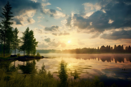 scenic mood of forests, rivers, calm mood and solitude. In the distance a breathtaking landscape at sunrise and sunset. Generative AI.の素材