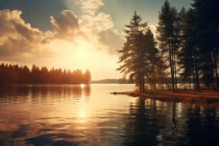 scenic mood of forests, rivers, calm mood and solitude. In the distance a breathtaking landscape at sunrise and sunset. Generative AI.の素材