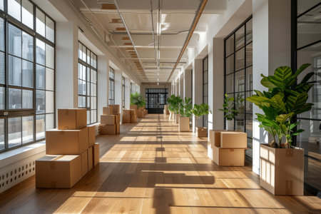 New Office with Cardboard Boxes, Packed Belongings, Moving and Storage Solutions.AI generative.の素材