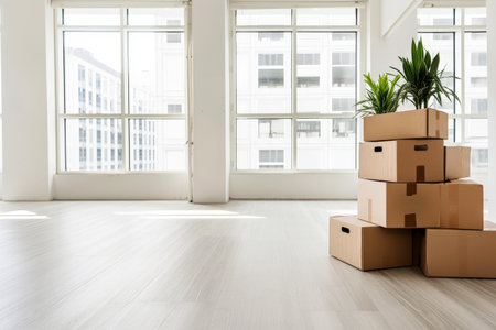New Office with Cardboard Boxes, Packed Belongings, Moving and Storage Solutions.AI generative.の素材