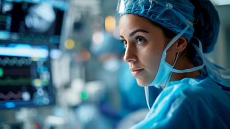 Photo of a female doctor performing surgery in an operating room. Generative AI.の素材