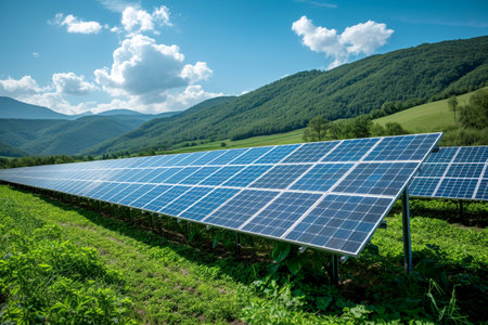 Solar energy panel photovoltaic cell and farm power generator in nature landscape, Generative AI.の素材