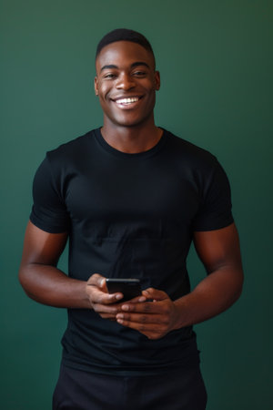 Black man with phone on studio background. AI Generated.の素材