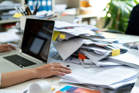 Efficient Workspace Laptop and Piles of Documents on Modern Desk AI generated.の素材