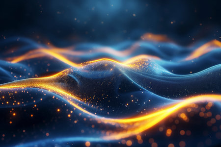 Abstract futuristic background background with glowing neon lines and bokeh lights. Data transfer concept. Digital wallpaper, AI Generative.の素材