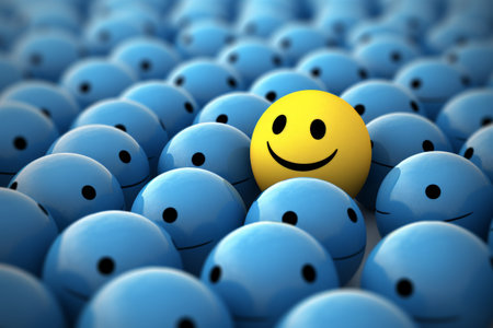 a smiley yellow face with different crowd blue colors and sizes of balls in the background. Generative AI..の素材
