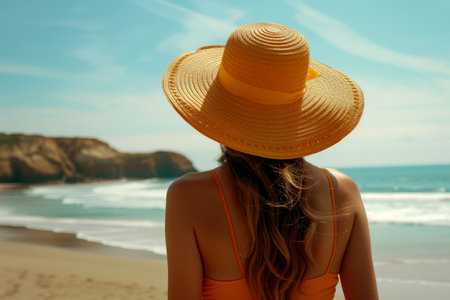 A woman in a hat is on the beach . summer vacation concept. nice weather, blue sky. Generative AI.の素材