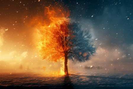 a tree fire and snow in global warming concept standing on melting ice in this world we live in, Climate Crisis in the Arctic, generative ai.の素材