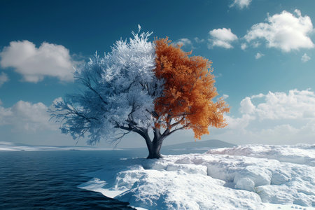 a tree fire and snow in global warming concept standing on melting ice in this world we live in, Climate Crisis in the Arctic, generative ai.の素材