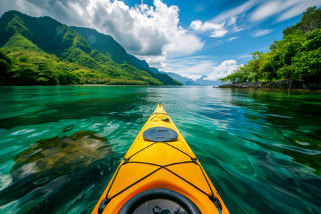 Man paddling a kayak down a river with a big copy space, Generative AI..の素材
