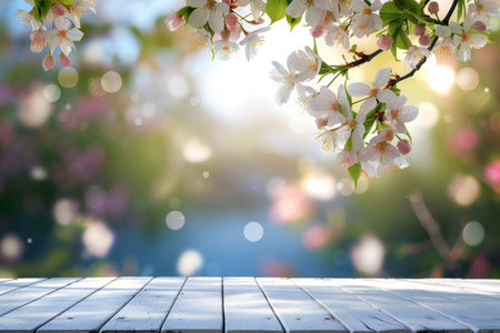 Empty wooden table in spring season with garden bokeh background . AI generated illustration.の素材