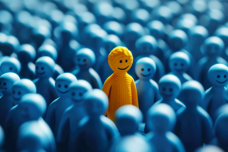 a smiley yellow face with different crowd blue colors and sizes of balls in the background. Generative AI..の素材