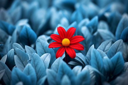 One red flower among crowd grey flowers . Concept of diversity and individuality. Generative ai.の素材