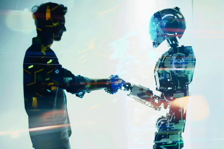 Man and robot shaking hands, concept of technological innovation, cooperation between robots and future artificial intelligence.の素材
