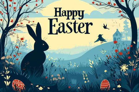 Easter bunny with Easter eggs. Easter festival concept. Generative AI..の素材