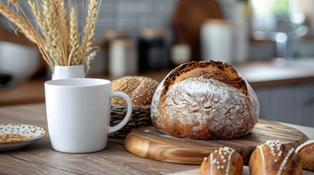 A croissant with a cup coffee in kitchen . AI Generative.の素材