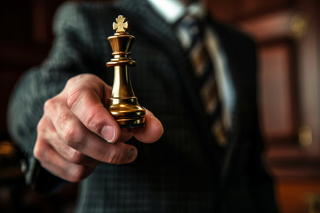 Businessman holding chess piece in competition, business success concept. Generative AI..の素材