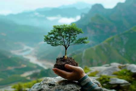 hand children holding plant with sunlight on green nature background. concept eco earth day, Generative Ai.の素材