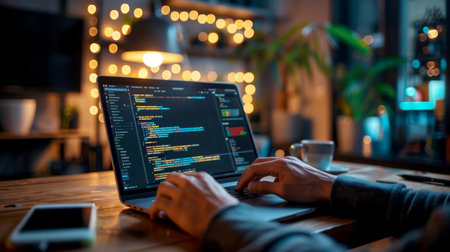 hand programmer working on labtop Computer in Data Center System.AI generative.の素材