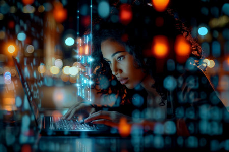 Smart woman programmer working on Desktop Computer in Data Center System.AI generative.の素材