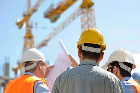 engineers worker discussing on drawing blueprint construction with high-rise building background wearing safety helmet Inspection . ai generative.の素材