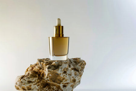 fragrance bottle and pink flowers, perfume commercial in background , bespoke perfumery and beauty product sale, generative ai.の素材